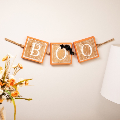 27.5" Beige and Orange BOO Halloween Decorative Hanging Banner