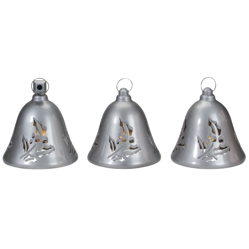 Set of 3 Musical Lighted Silver Bells Christmas Decorations, 6.5"