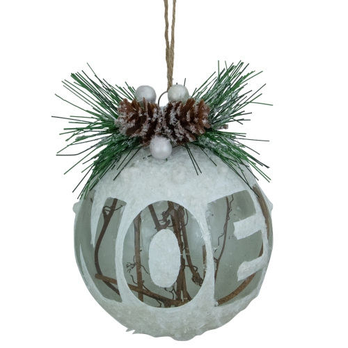 4" White Frosted NOEL With Holly and Berries Glass Christmas Ornament