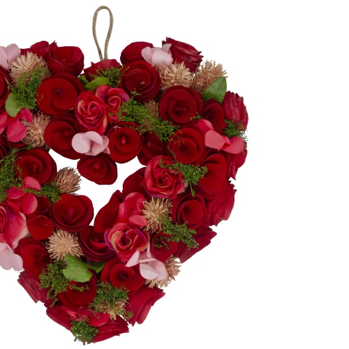 Red and Pink Wooden Rose Valentine's Day Artificial Spring Wreath, 13.5-Inch