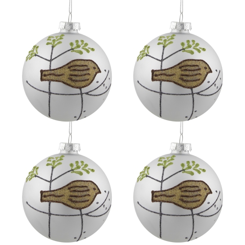 4ct Champagne Gold and Brown Bird 2-Finish Glass Christmas Ball Ornaments 4"