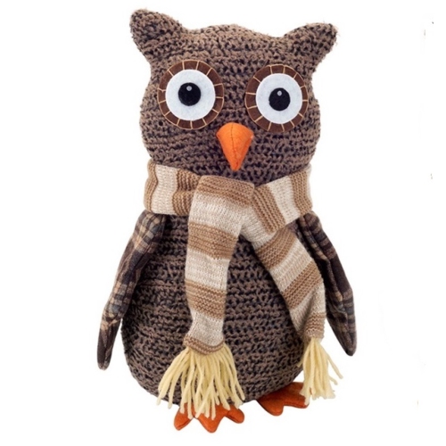 12.25" Brown and Beige Plush Plaid Owl Christmas Tabletop Figurine