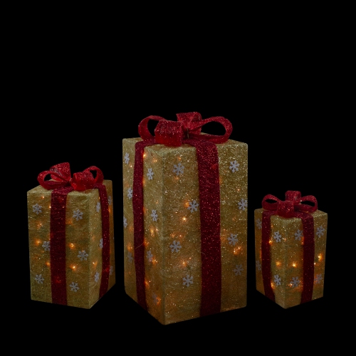 Set of 3 Lighted Tall Gold Sisal Gift Boxes with Red Bows Christmas Outdoor Decor 18"