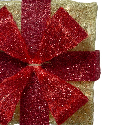 Set of 3 Lighted Tall Gold Sisal Gift Boxes with Red Bows Christmas Outdoor Decor 18"