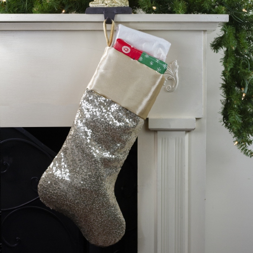 22" Golden Metallic Sequined Christmas Stocking with Satin Cuff