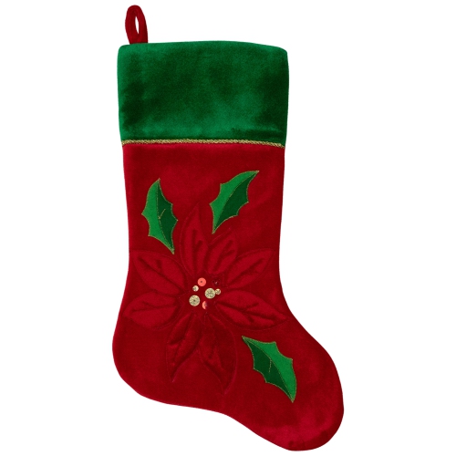 20" Red and Green Velveteen Sequined Poinsettia Christmas Stocking