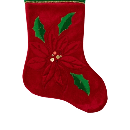 20" Red and Green Velveteen Sequined Poinsettia Christmas Stocking