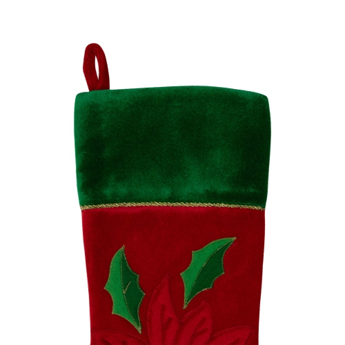 20" Red and Green Velveteen Sequined Poinsettia Christmas Stocking