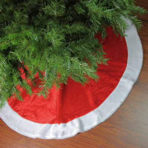 48" Red and White Velveteen Christmas Tree Skirt with White Trim