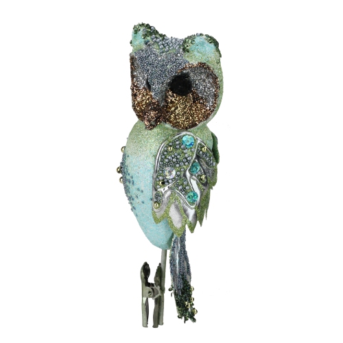 10" In the Birches Green Glittered and Sequined Owl Clip-On Christmas Ornament