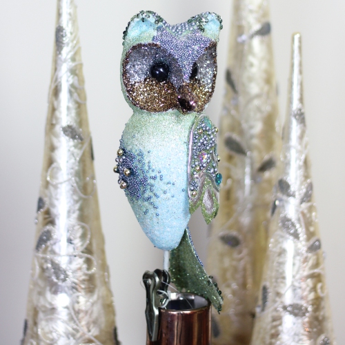10" In the Birches Green Glittered and Sequined Owl Clip-On Christmas Ornament