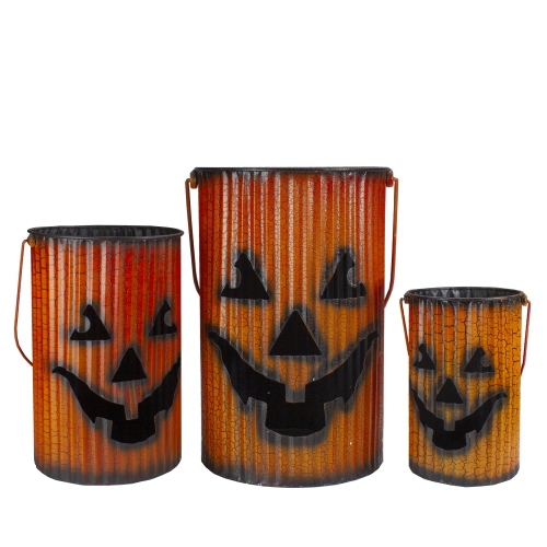 NORTHLIGHT  3 Piece Black And Metal Pumpkin Lantern Set Halloween Decoration In Orange