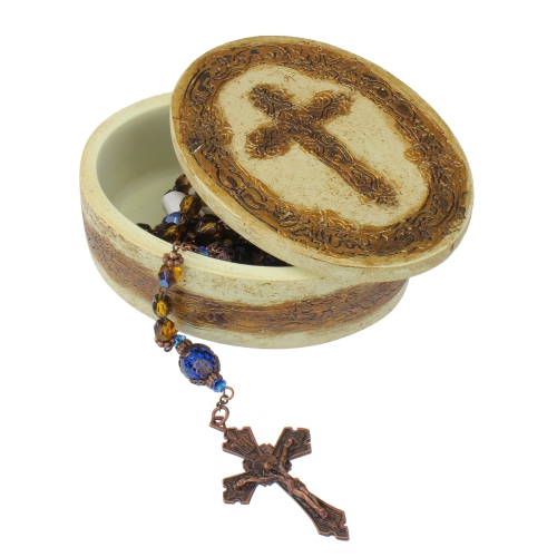 23" Byzantine Blue and Amber 6mm Glass Beaded Rosary with Keepsake Box