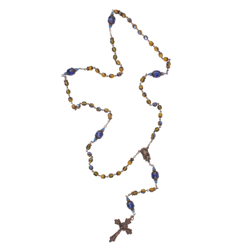 23" Byzantine Blue and Amber 6mm Glass Beaded Rosary with Keepsake Box