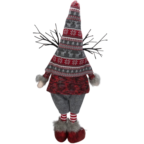 30" Red and Gray Nordic Hat Standing Christmas Gnome with LED Antlers