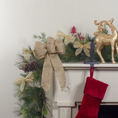 14" x 9" Burlap and Gold Glittered Polka Dots 6 Loop Christmas Bow Decoration