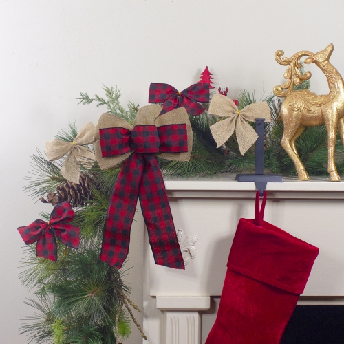 14" x 9" Burlap and Buffalo Plaid 6 Loop Christmas Bow Decoration