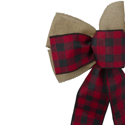 14" x 9" Burlap and Buffalo Plaid 6 Loop Christmas Bow Decoration