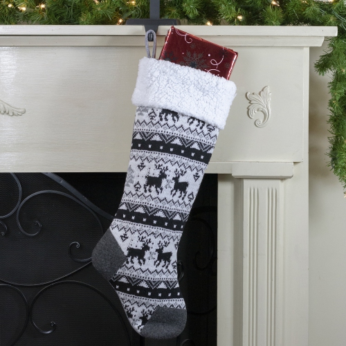 21" Black, Gray and White Rustic Lodge Knit Christmas Stocking with Sherpa Cuff