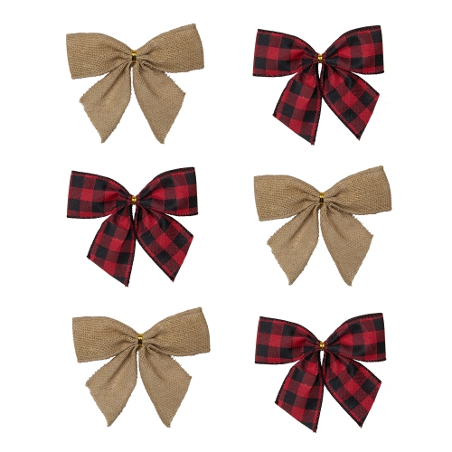 Pack of 6 Buffalo Plaid and Burlap 2 Loop Christmas Bow Decorations 5.5