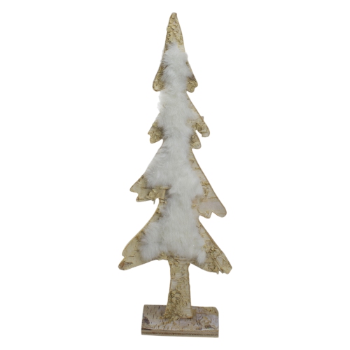 13.5" Brown and White Wooden Tree With Faux Fur Christmas Decoration
