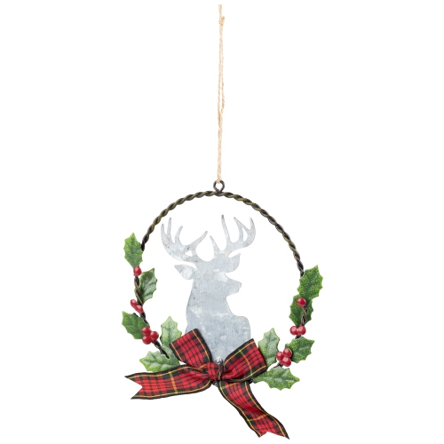 5.5" Wreath and Galvanized Moose Christmas Ornament with Plaid Bow