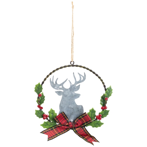 5.5" Wreath and Galvanized Moose Christmas Ornament with Plaid Bow