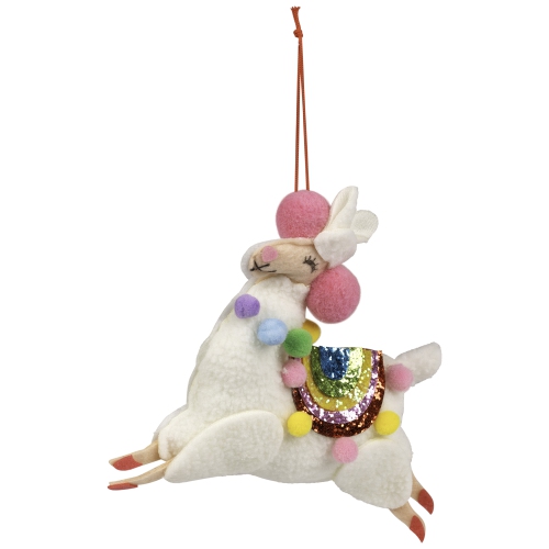 7.5" White Plush Llama with Rainbow Saddle Christmas Ornament