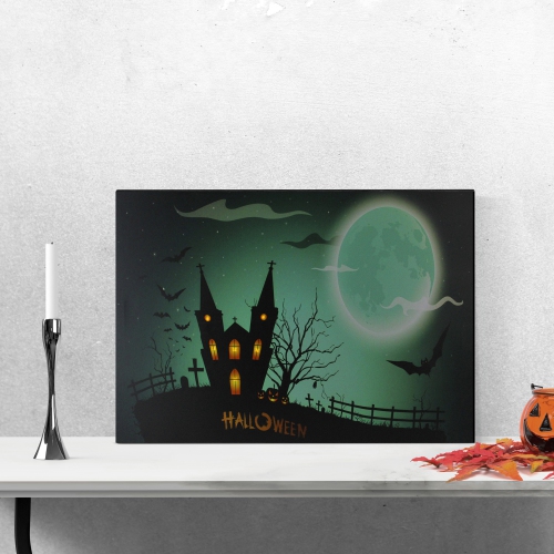 Green and Black LED Lighted Eerie Church in Cemetery Halloween Canvas Wall Art 23.5" x 15.5"
