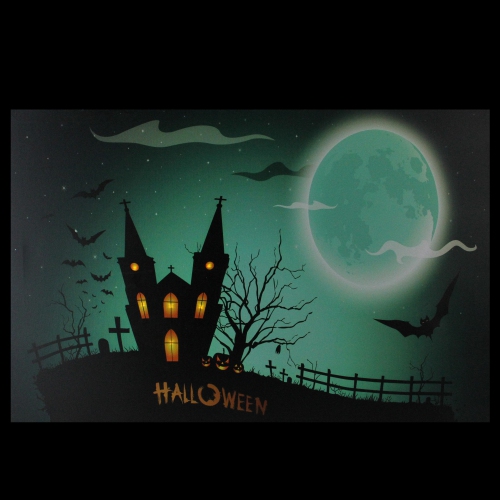 Green and Black LED Lighted Eerie Church in Cemetery Halloween Canvas Wall Art 23.5" x 15.5"