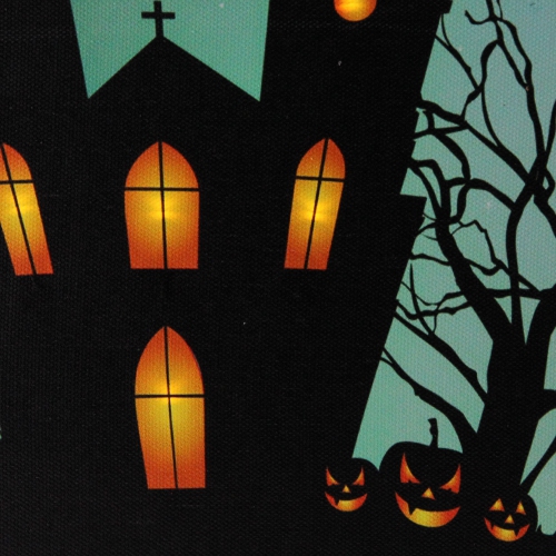 Green and Black LED Lighted Eerie Church in Cemetery Halloween Canvas Wall Art 23.5" x 15.5"