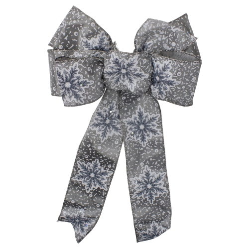 NORTHLIGHT  14" X 9" Gray And Snowflake 6 Loop Christmas Bow Decoration In White
