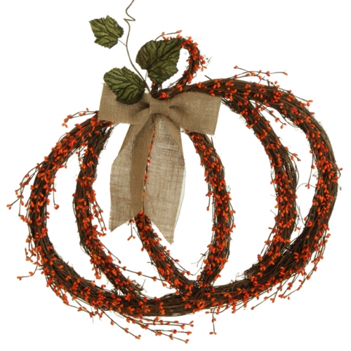 Brown Berry with Leaves and Burlap Bow Pumpkin Autumn Wreath - 25-Inch, Unlit