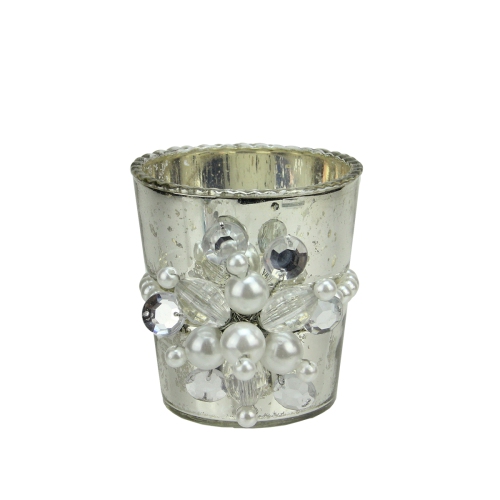 3" Glamour Time Hayworth Platinum Silver Glass Votive Christmas Candle Holder with Pearl Jewel Medallion