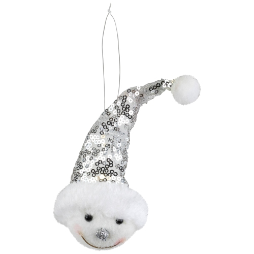 6" Smiling Snowman Head Wearing a Silver Sequin Santa Hat Christmas Ornament
