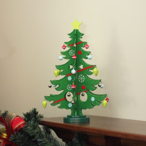 13.75" Green Christmas Tree Cut Out With Ornaments Table Top Decor