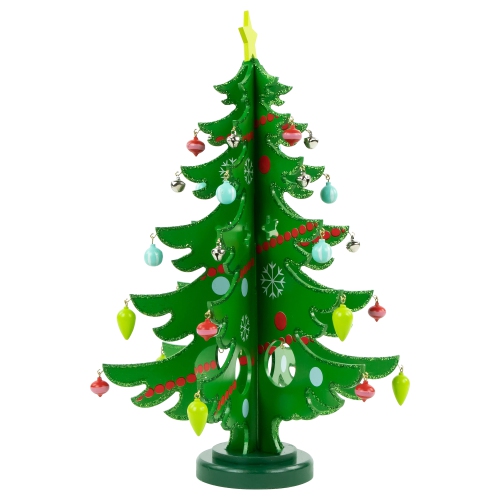 13.75" Green Christmas Tree Cut Out With Ornaments Table Top Decor