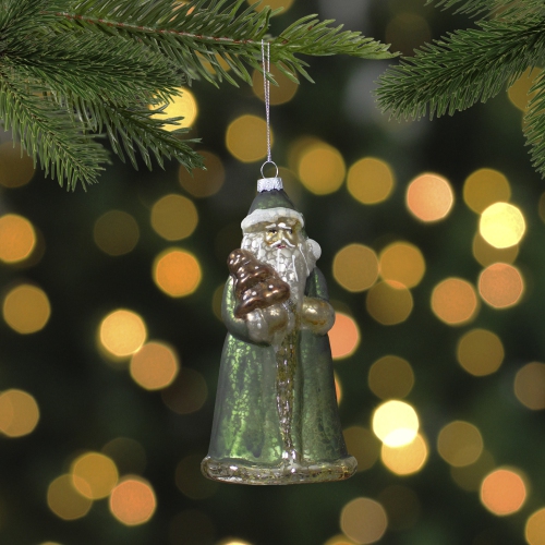 5.5" Nordic Green and Gray Santa Hanging Glass Christmas Ornament