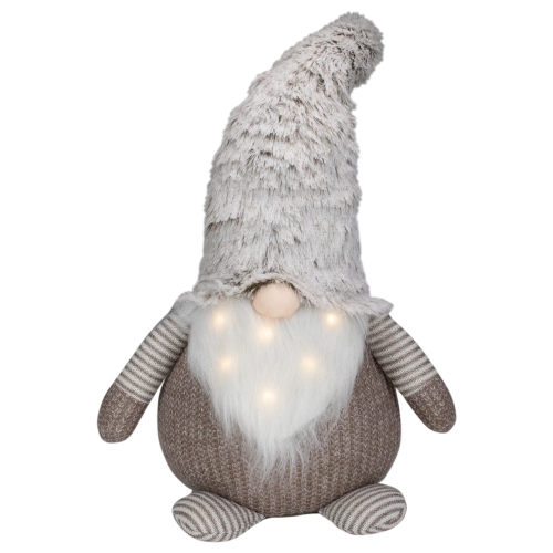 Figurine de Noël gnome en tricot brun pâle et blanc à DEL de 23.5 po