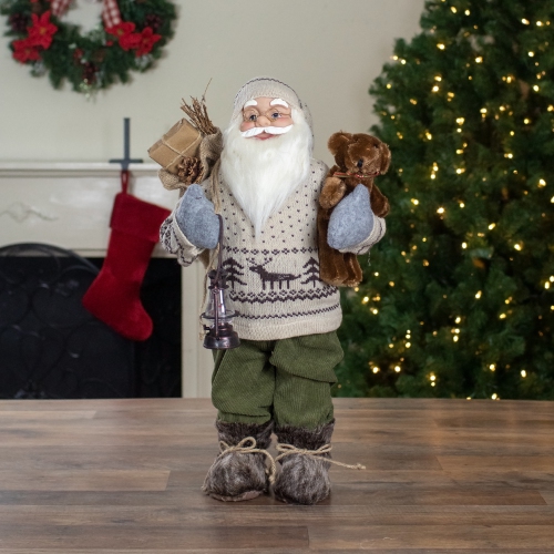 2' Standing Santa Christmas Figure with a Plush Bear and Lantern