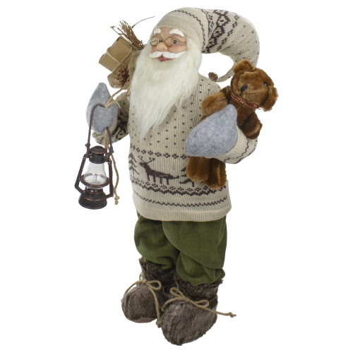2' Standing Santa Christmas Figure with a Plush Bear and Lantern
