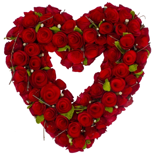Red Wooden Rose Floral Heart Shaped Artificial Valentine's Day Wreath, 14-Inch