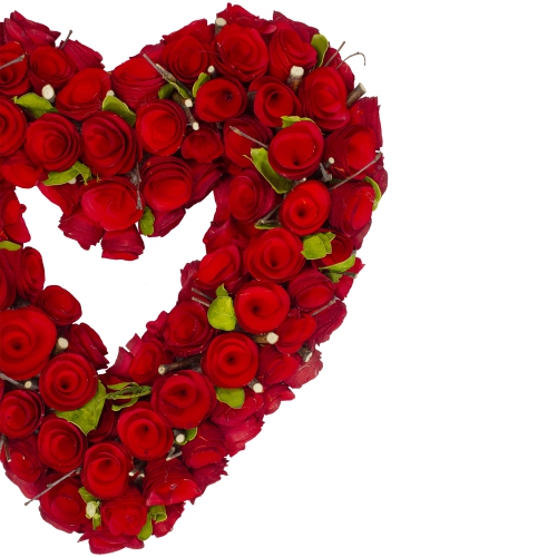Red Wooden Rose Floral Heart Shaped Artificial Valentine's Day Wreath, 14-Inch