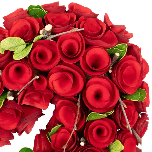 Red Wooden Rose Floral Heart Shaped Artificial Valentine's Day Wreath, 14-Inch
