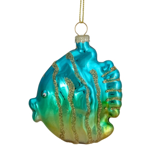 Décoration de Noël poisson turquoise et doré en verre, 3 po