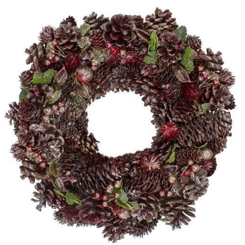 NORTHLIGHT  13" And Gold Glitte Pine Cone And Berry Christmas Wreath In Red