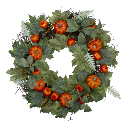 Maple and Fern Leaves with Pumpkins Artificial Wreath, Orange 24-Inch