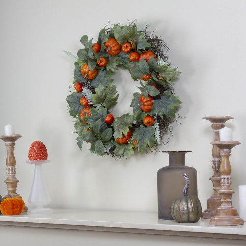 Maple and Fern Leaves with Pumpkins Artificial Wreath, Orange 24-Inch