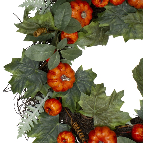 Maple and Fern Leaves with Pumpkins Artificial Wreath, Orange 24-Inch