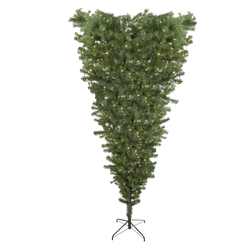 NORTHLIGHT  7.5' Pre-Lit Spruce Artificial UPSide Down Christmas Tree - Warm White Led Lights In Green